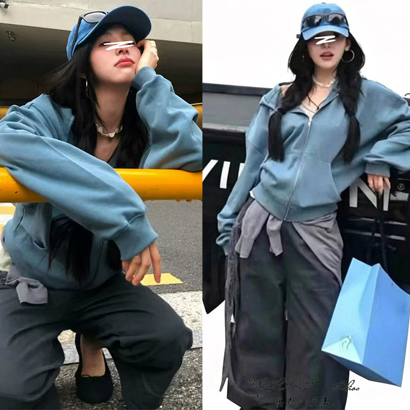 蓝色连帽卫衣女宽松拉链外套休闲