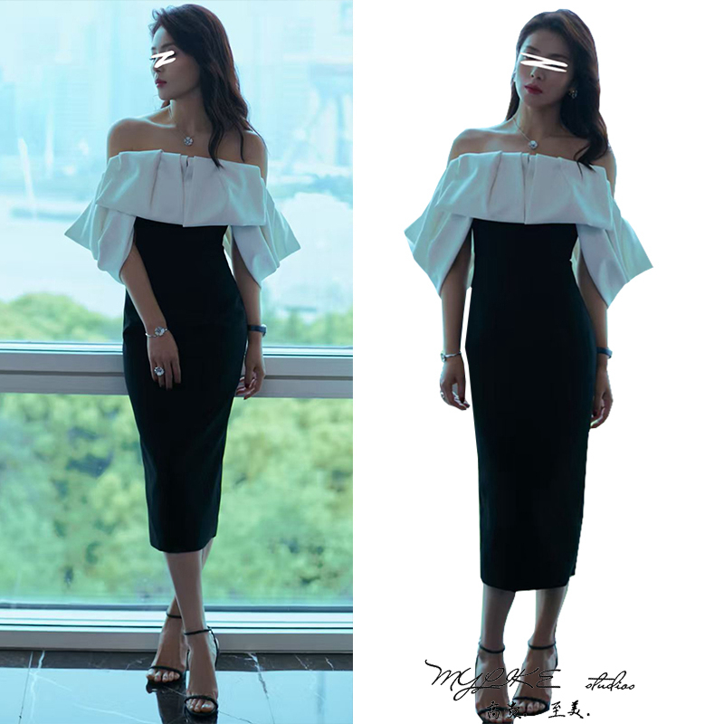 一字领荷叶边撞色拼接连衣裙