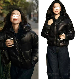 明星同款高级感黑色短款连帽面包羽绒棉服百搭保暖棉服休闲外套女