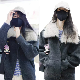 明星同款休闲百搭黑色毛衣外套毛领短款加厚保暖宽松拉链开衫上衣