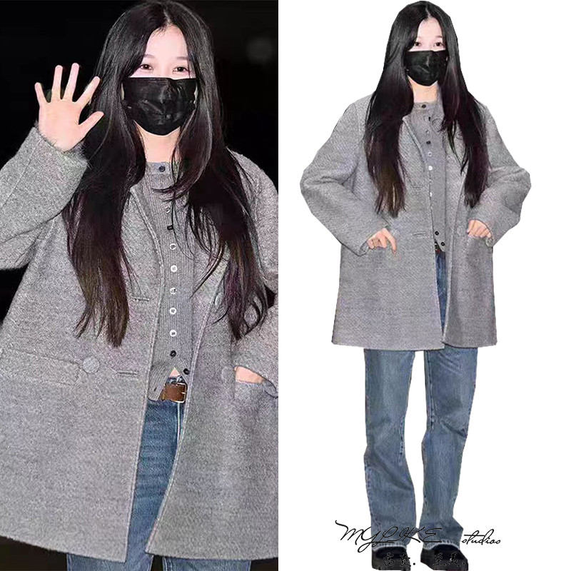 明星同款灰色复古毛呢大衣外套女宽松慵懒风西装领高级感保暖上衣