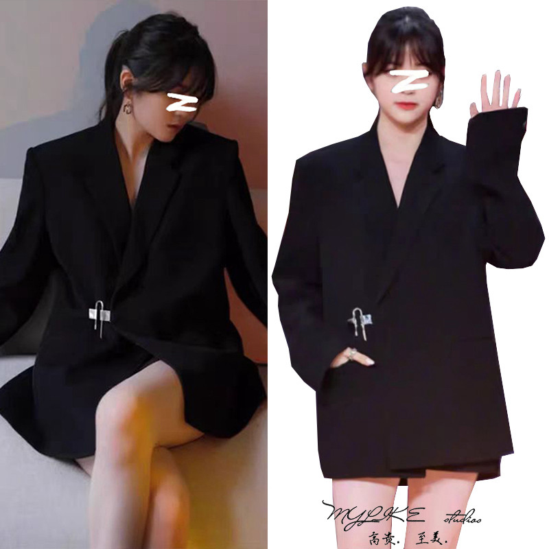明星同款黑色西装外套女春秋炸街休闲设计感高级中长西服外套女潮