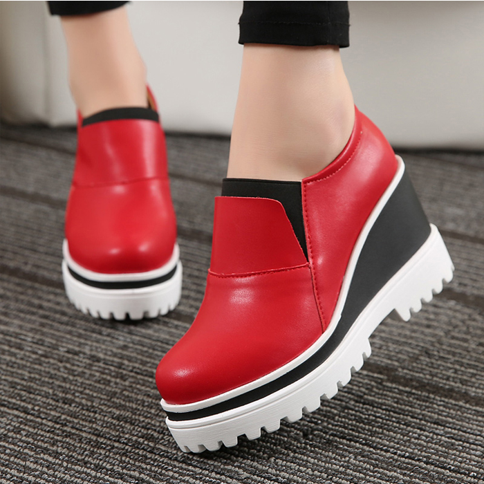 彩访妮高跟厚底松糕坡跟深口单鞋