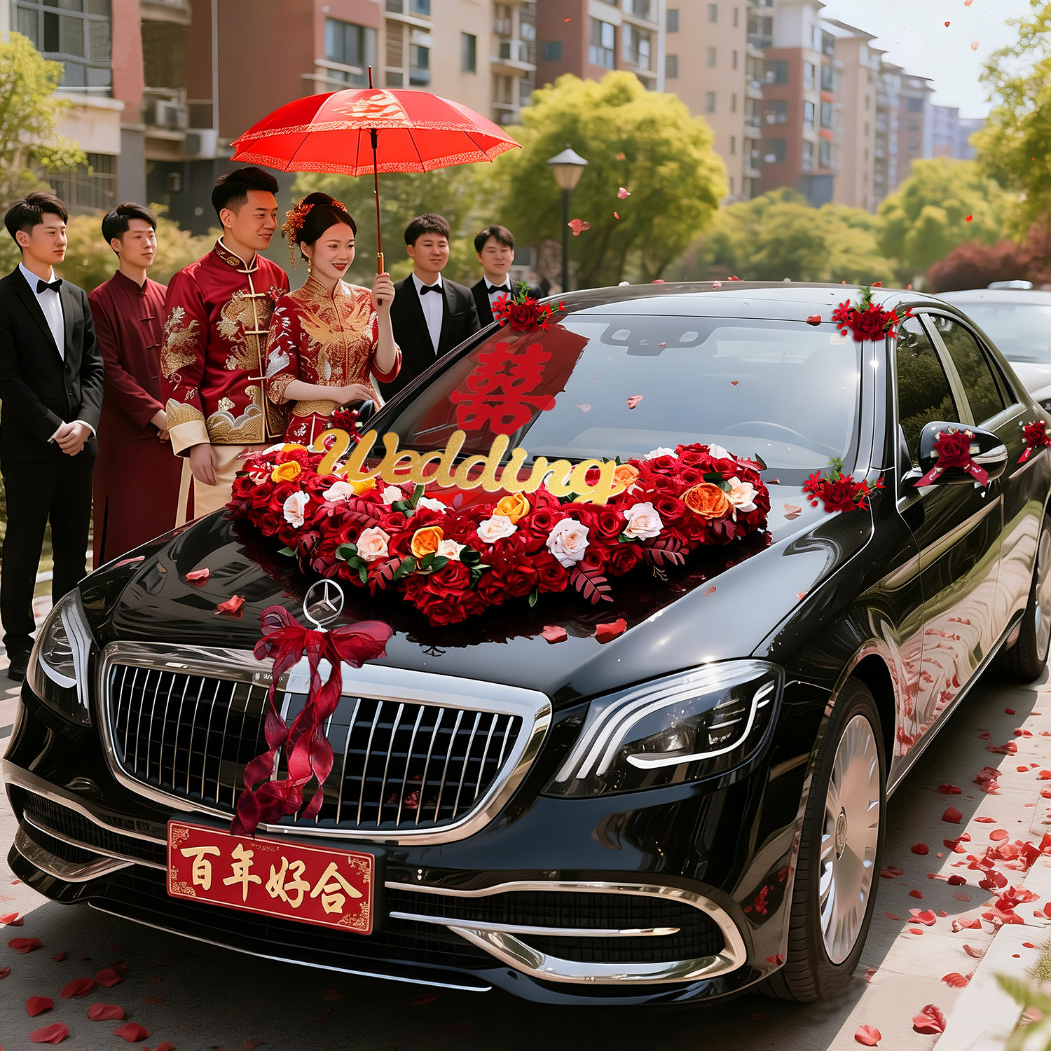 婚车拉花仿真玫瑰车头花高端全套