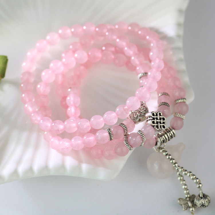 粉色石头玛瑙小象佛牌长款串珠子手链女韩版时尚多层缠绕配饰品