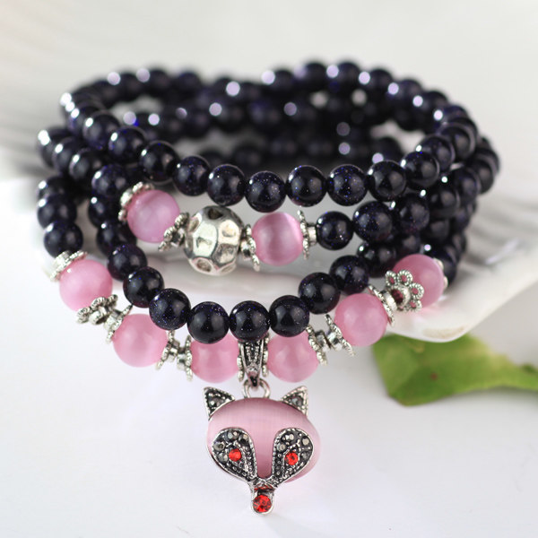 粉色石头玛瑙小象佛牌长款串珠子手链女韩版时尚多层缠绕配饰品