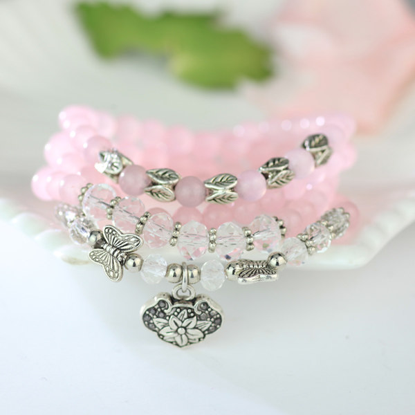 粉色石头玛瑙小象佛牌长款串珠子手链女韩版时尚多层缠绕配饰品