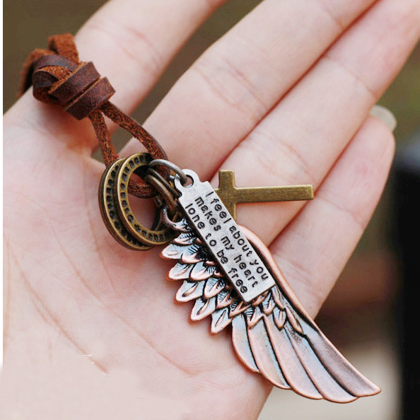 帅气男人个性复古翅膀十字架项链 真牛皮绳长款毛衣链男款配饰品