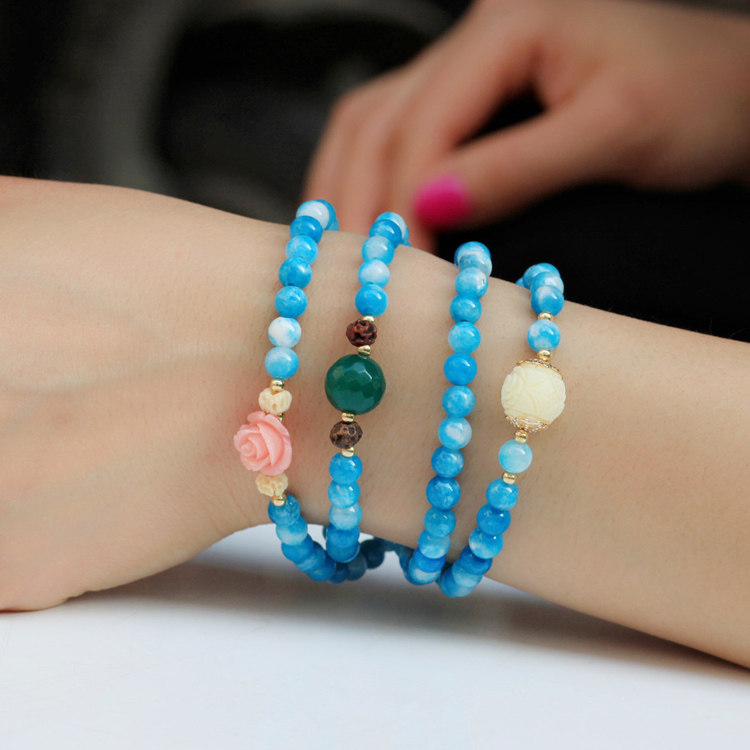 粉色石头玛瑙小象佛牌长款串珠子手链女韩版时尚多层缠绕配饰品