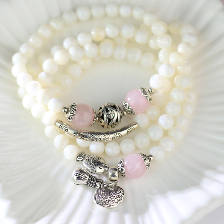 粉色石头玛瑙小象佛牌长款串珠子手链女韩版时尚多层缠绕配饰品