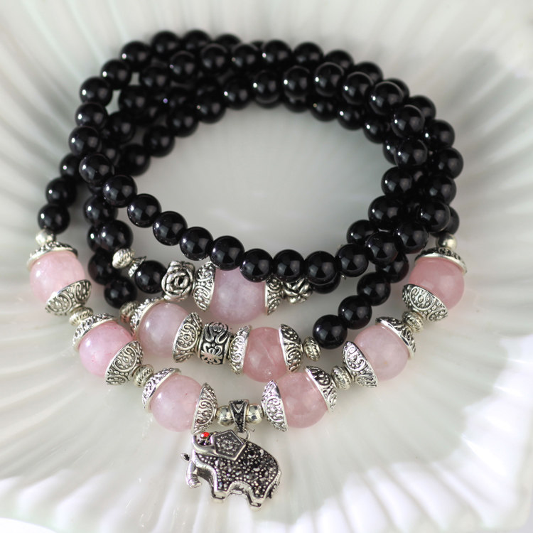 粉色石头玛瑙小象佛牌长款串珠子手链女韩版时尚多层缠绕配饰品