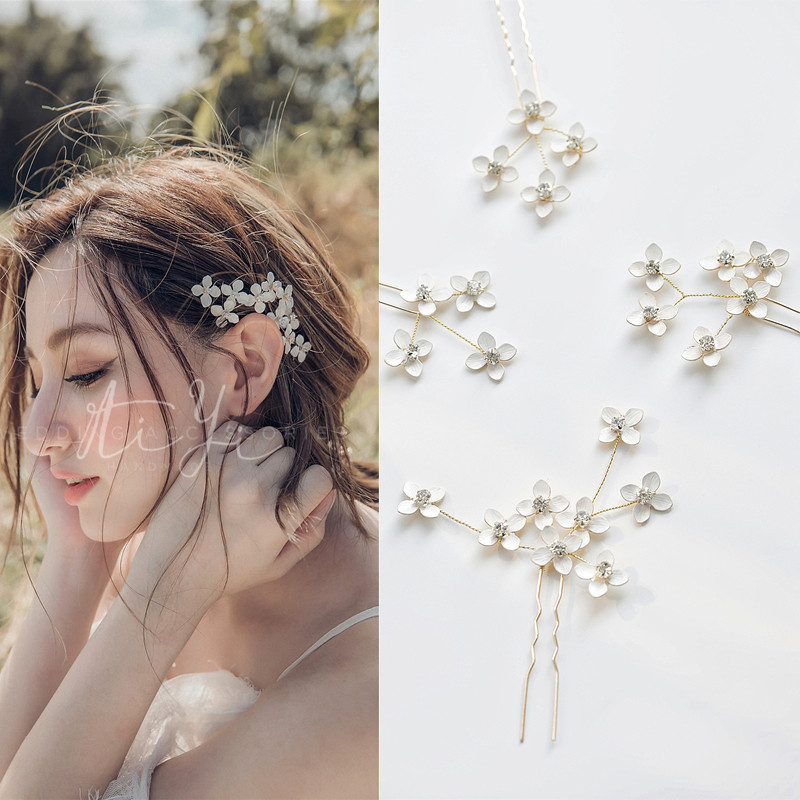 手工精致甜美仙气白色四瓣花发簪组合头饰发饰婚纱礼服跟妆摄影