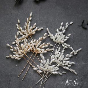 欧式新娘头饰麦穗造型金色合金仿珍珠发簪简约气质百搭欧式唯美女