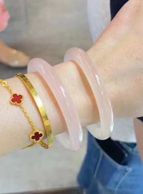 天然玉手镯女款冰种玉镯子藕粉白青色圆条阿富汉玉送女友