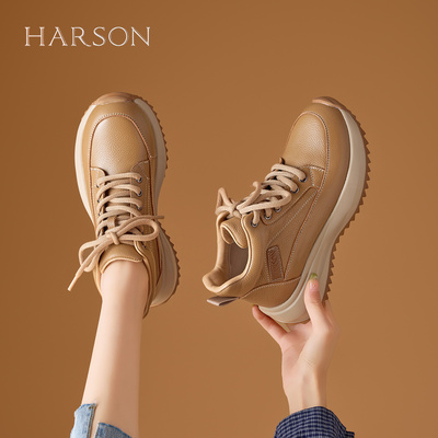 哈森头层牛皮复古厚底休闲鞋