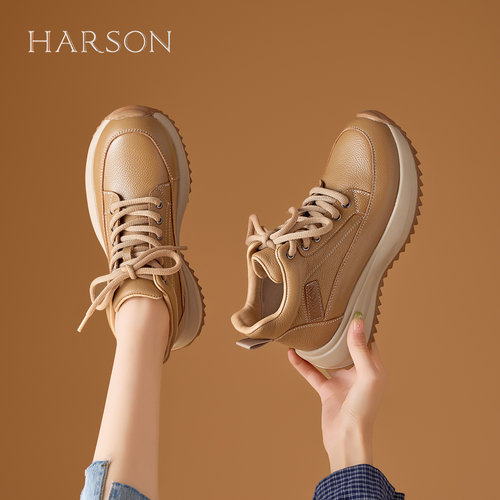 哈森头层牛皮复古厚底休闲鞋