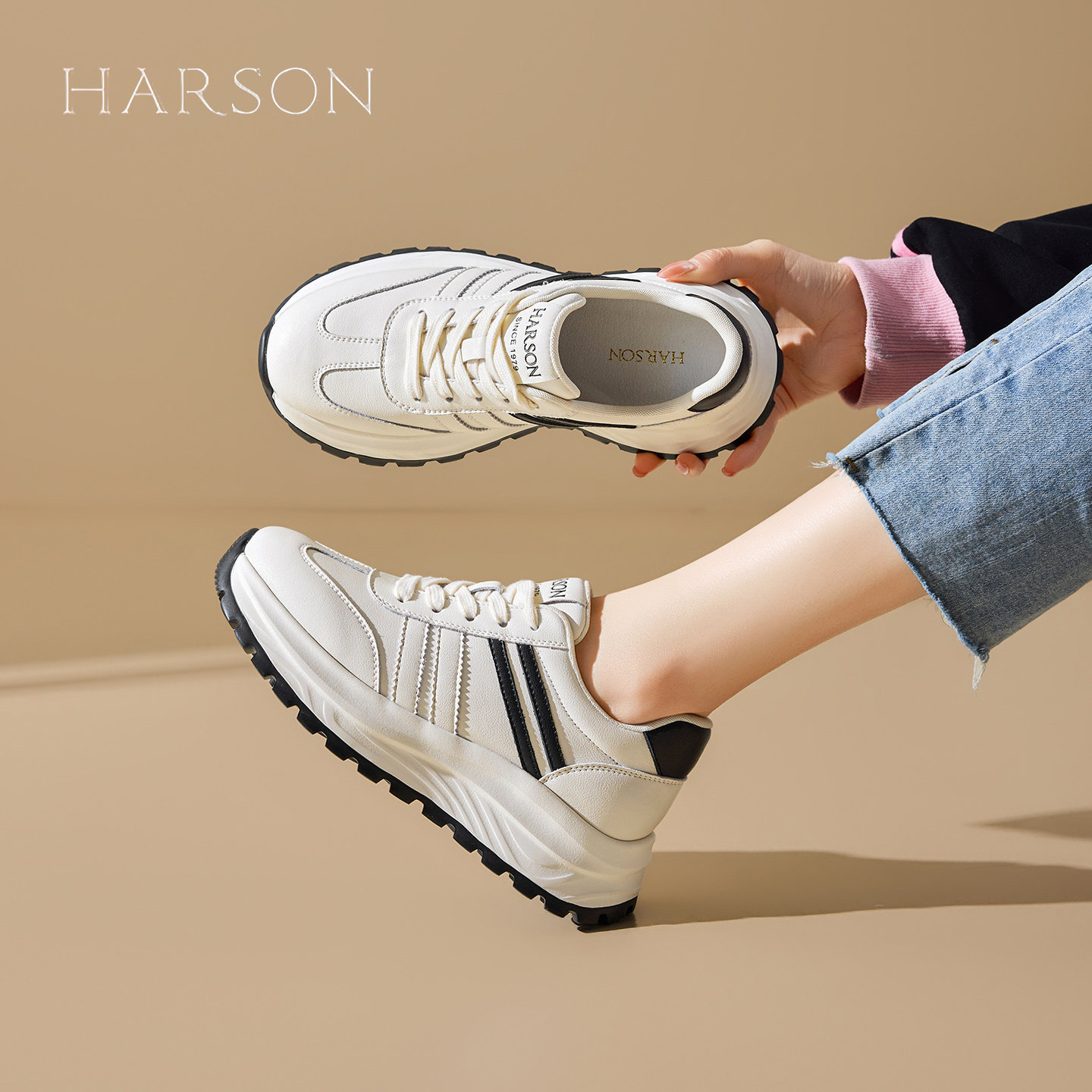 哈森厚底老爹鞋女2026春季新款爆款百搭运动休闲鞋增高小白鞋子