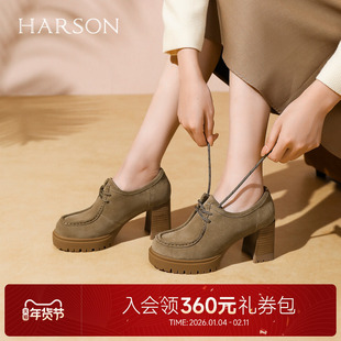 哈森复古休闲工装鞋女2025秋季新款系带高跟圆头单鞋HL257151