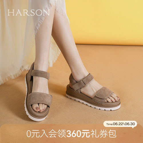 哈森厚底凉鞋女夏季新款魔术贴露趾舒适休闲沙滩鞋HM256108