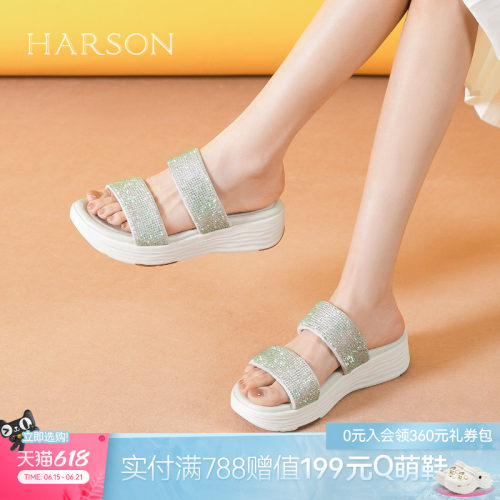 哈森厚底松糕凉拖鞋女夏季新款时尚水钻休闲一字拖鞋HM257168