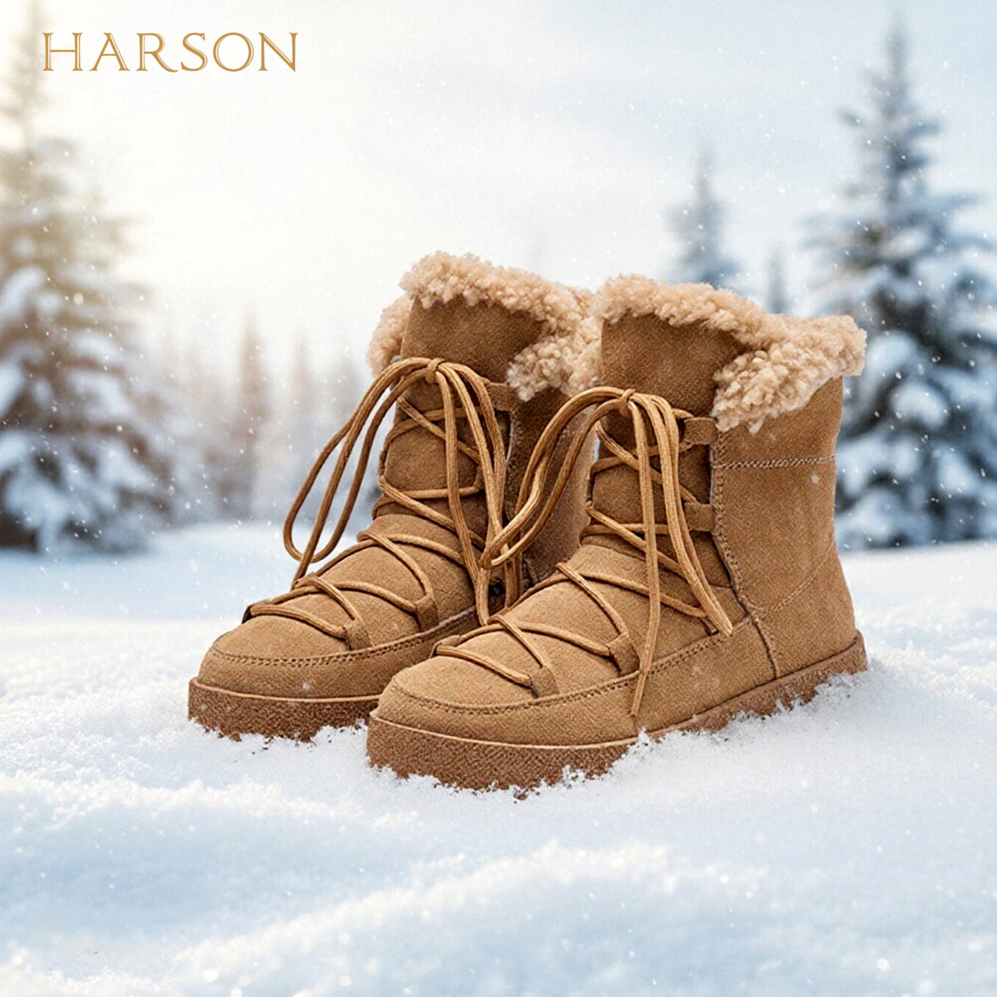 Harson/哈森毛绒雪地靴女25冬季爆款加绒保暖系带短靴户外棉