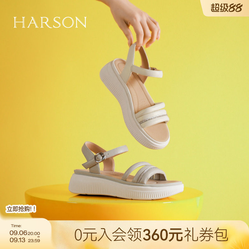 哈森一字带凉鞋女夏季新款真皮厚底休闲沙滩女鞋HM257907图片