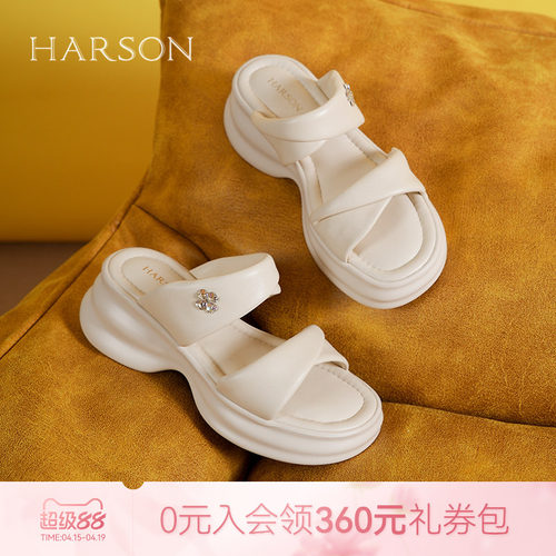 哈森厚底凉拖鞋新款夏季外穿松糕底沙滩一字拖鞋HM258409