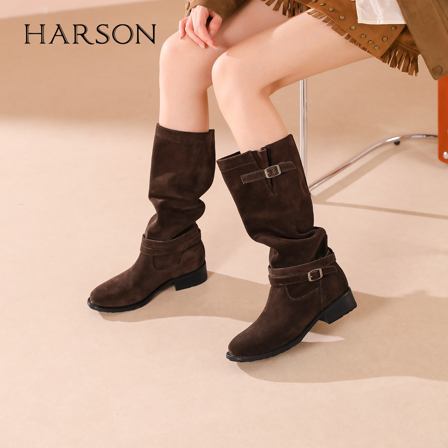 哈森/HARSON【骑士乐章】25冬新款休闲绒面宽筒时装靴显瘦长靴女