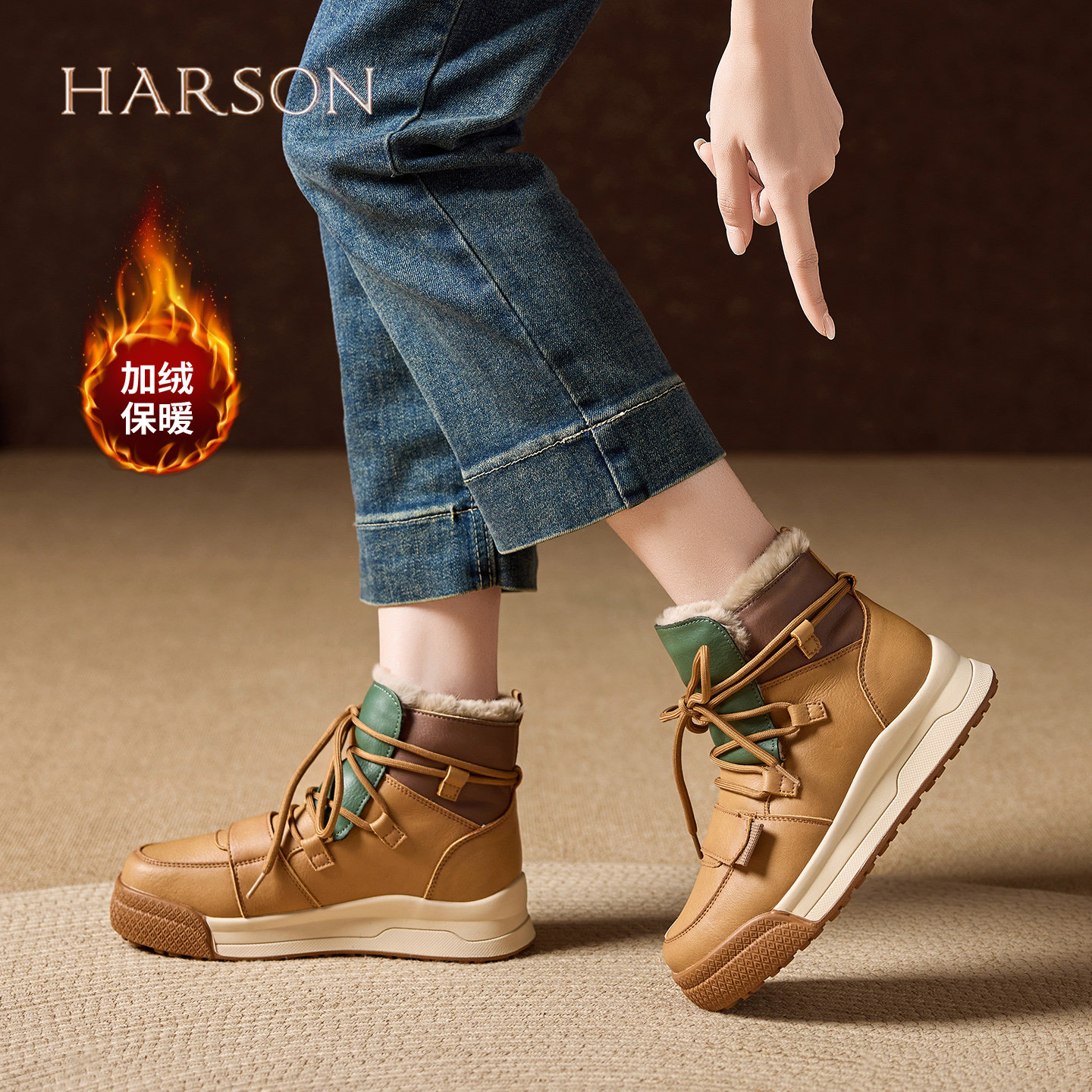 哈森复古雪地靴女2026冬季爆款加绒加厚保暖防水厚底短靴棉鞋