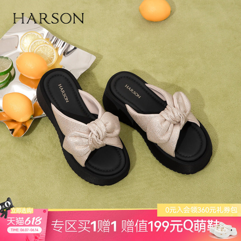 哈森舒适一字拖女夏精致蝴蝶结厚底增高时装拖鞋2026新款HM261001