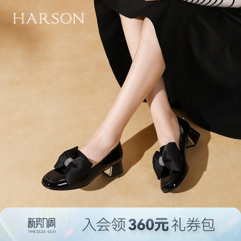 哈森春季新款商场同款休闲方跟圆头乐福鞋蝴蝶结单鞋HL226011