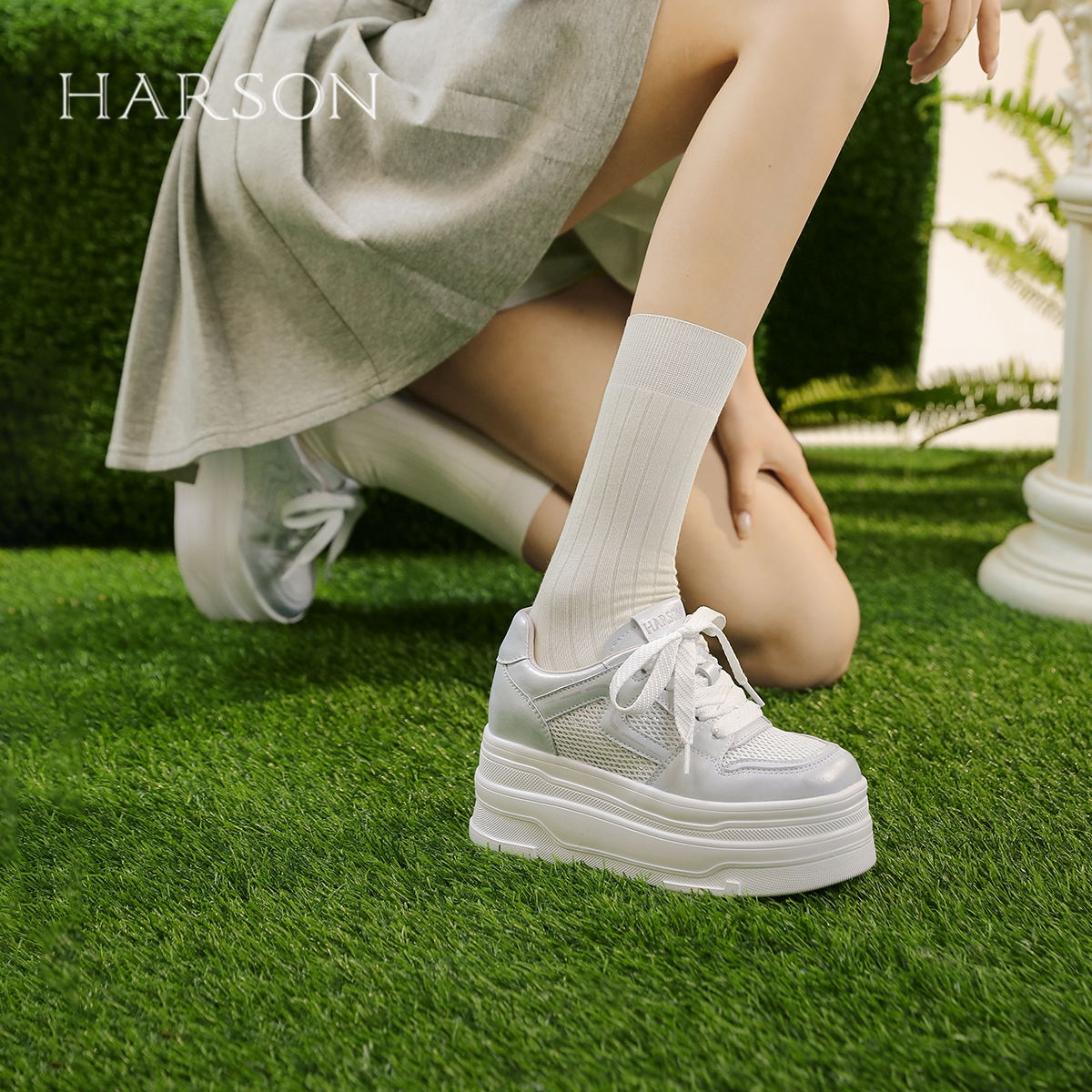 哈森银色厚底老爹鞋女款2025夏季新款网面透气薄款增高休闲运动鞋