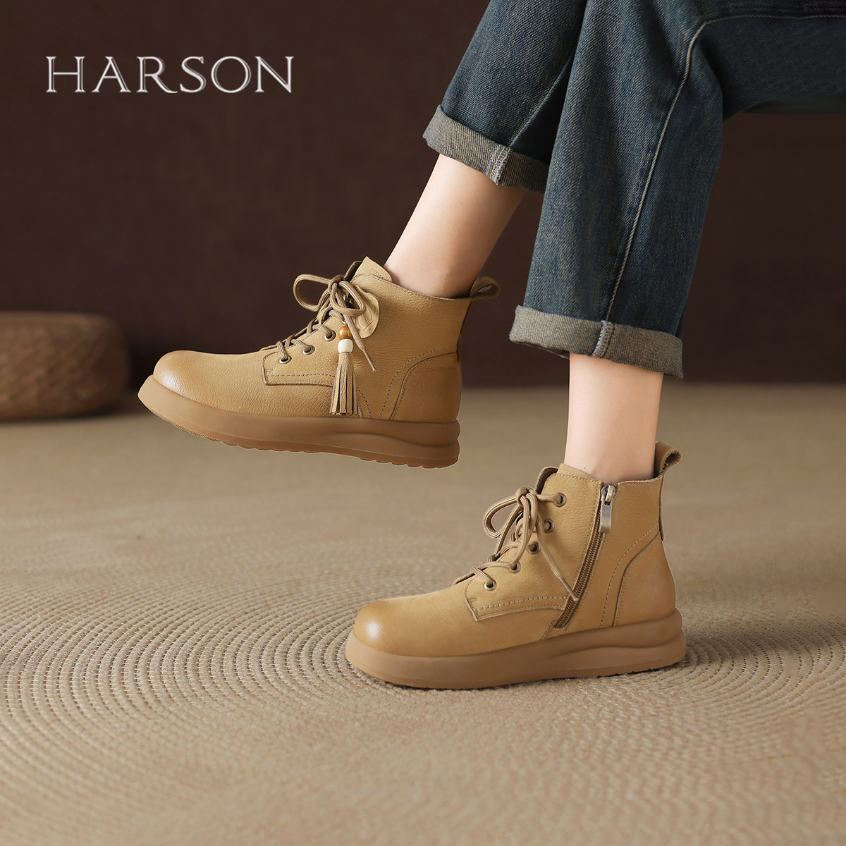 哈森真皮马丁靴女2025秋季新款复古英伦低帮厚底短靴圆头美拉德靴