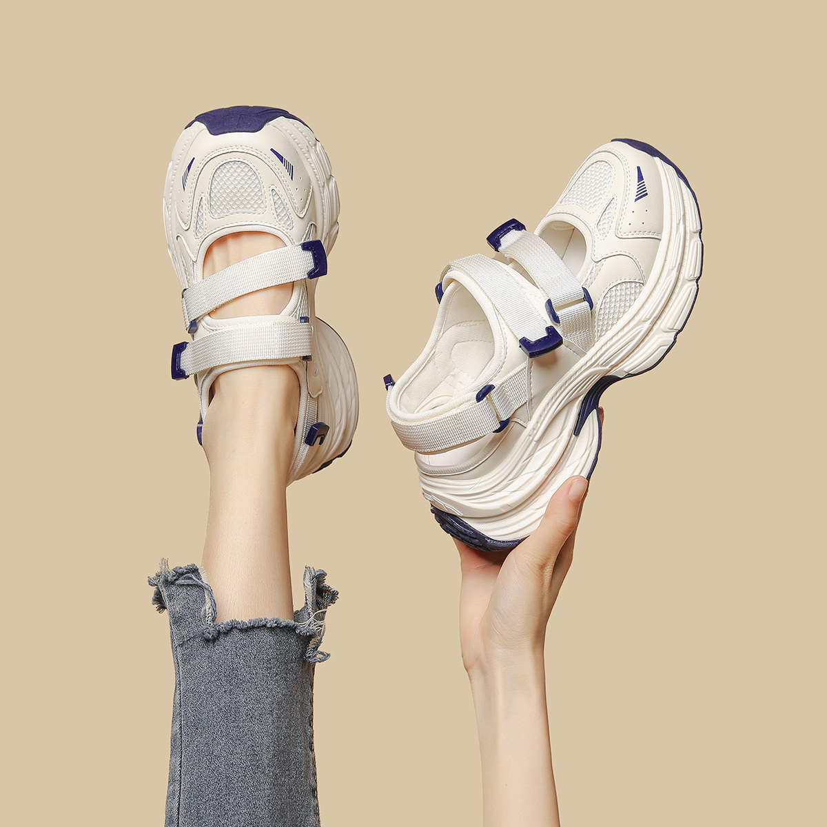 哈森厚底增高镂空运动凉鞋女鞋子2026夏季夏款爆款透气运动休闲鞋