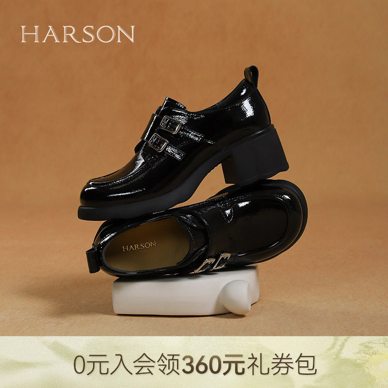 哈森英伦风休闲乐福鞋女春季新款金属双扣黑色小皮鞋HS250607