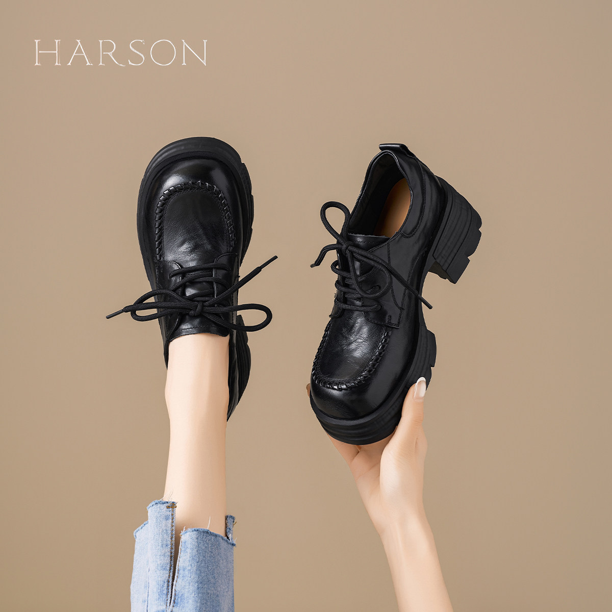哈森真皮英伦风厚底乐福鞋女2026春季新款爆款百搭轻便小皮鞋单鞋