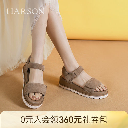 哈森厚底凉鞋女夏季新款魔术贴露趾舒适休闲沙滩鞋HM256108