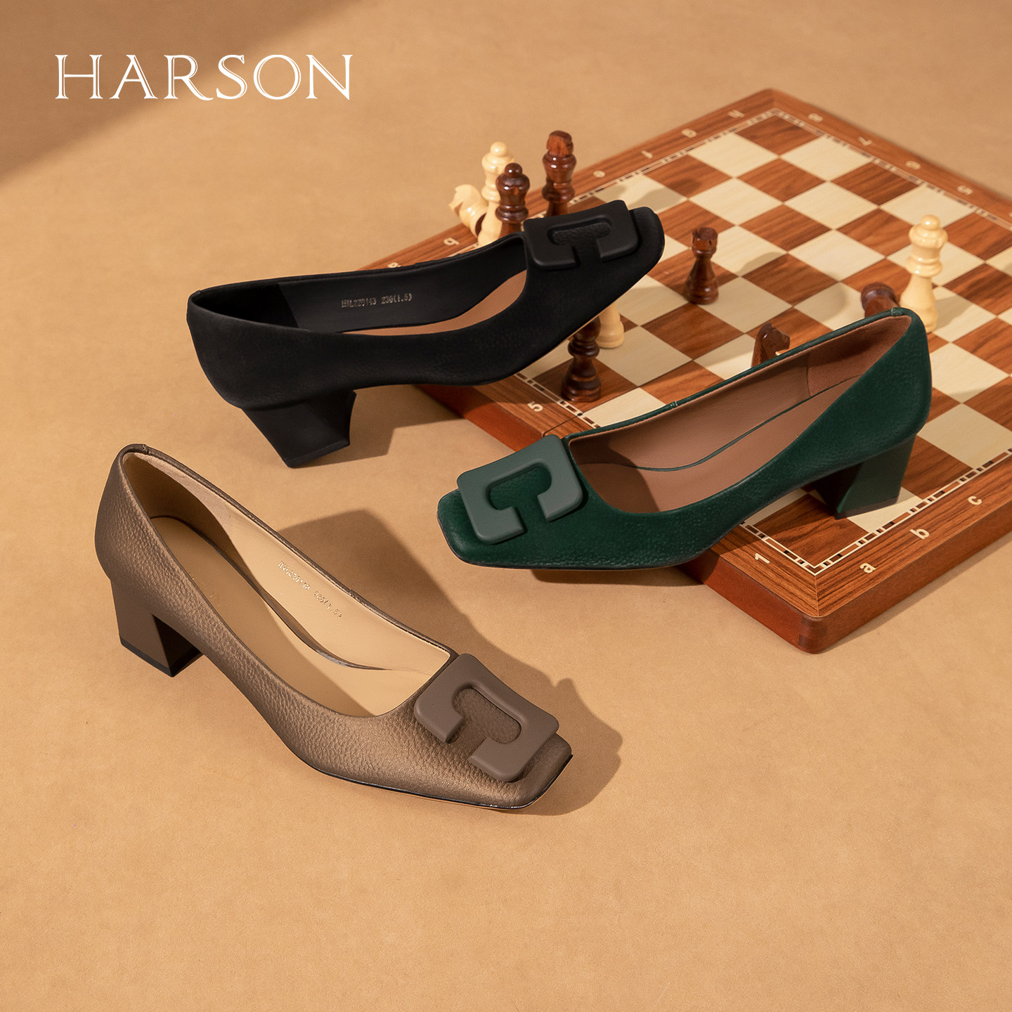 哈森秋新款小方头高跟鞋女粗跟时尚通勤百搭单鞋女HWL220143