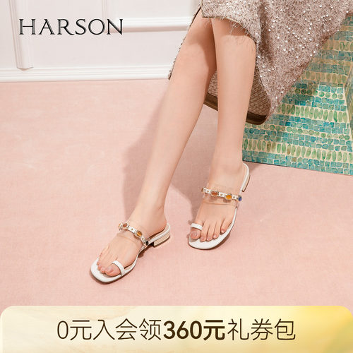 哈森度假风彩石透明带一字拖鞋女外穿时装拖鞋2026夏新款HM266508