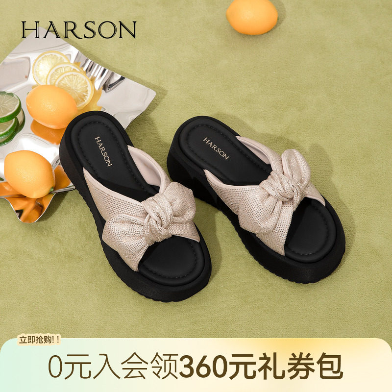 哈森舒适一字拖女夏精致蝴蝶结厚底增高时装拖鞋2026新款HM261001图片