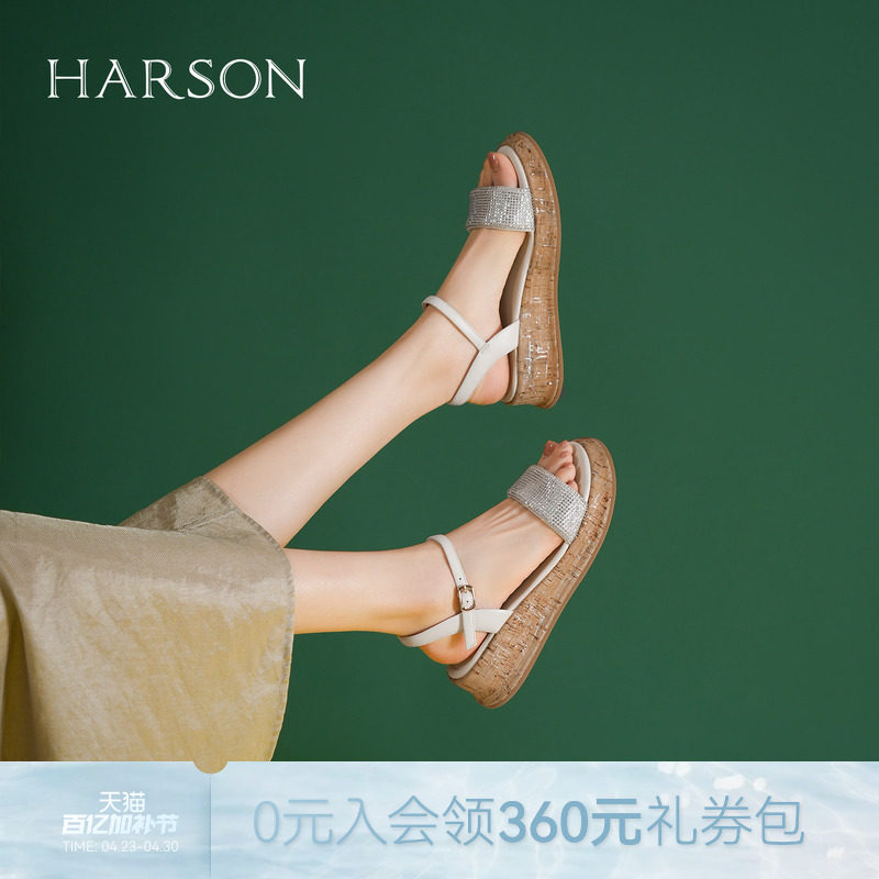 哈森厚底休闲凉鞋女夏季新款一字扣露趾罗马鞋HM257159