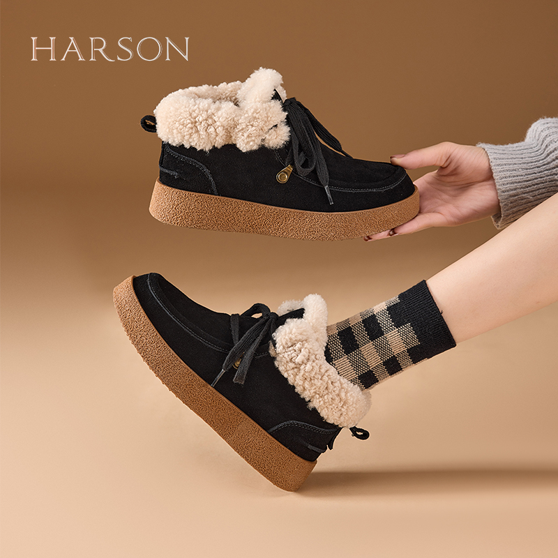哈森高帮棉鞋女款羊羔毛