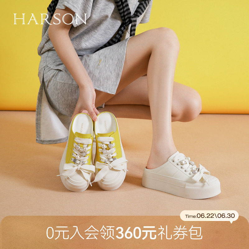 哈森真皮厚底包头拖鞋女夏季新款珍珠蝴蝶结休闲鞋HCM251201 - 实物图