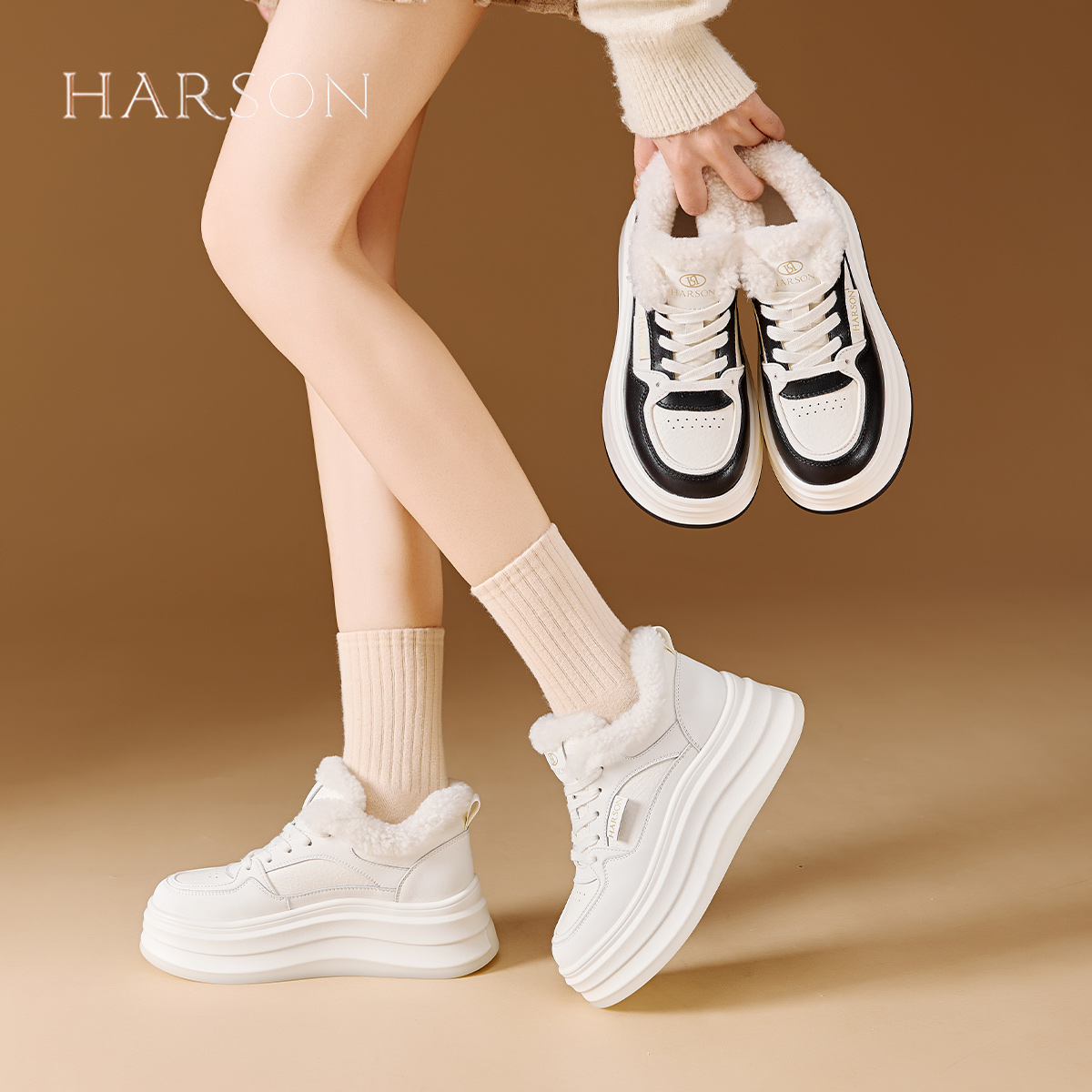 Harson哈森羊毛鞋子新款2025爆款秋冬棉鞋增高女鞋加绒休闲厚底鞋