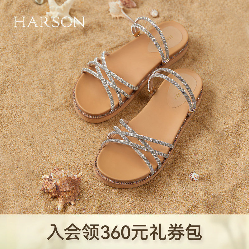 哈森凉拖鞋女夏季外穿水钻厚底休闲两穿海边度假露趾凉鞋HM2371