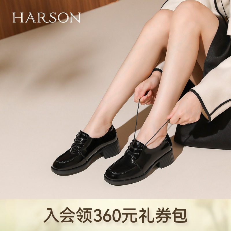 哈森工装鞋粗高跟黑色系带皮鞋上班通勤女鞋秋季新品HL256402