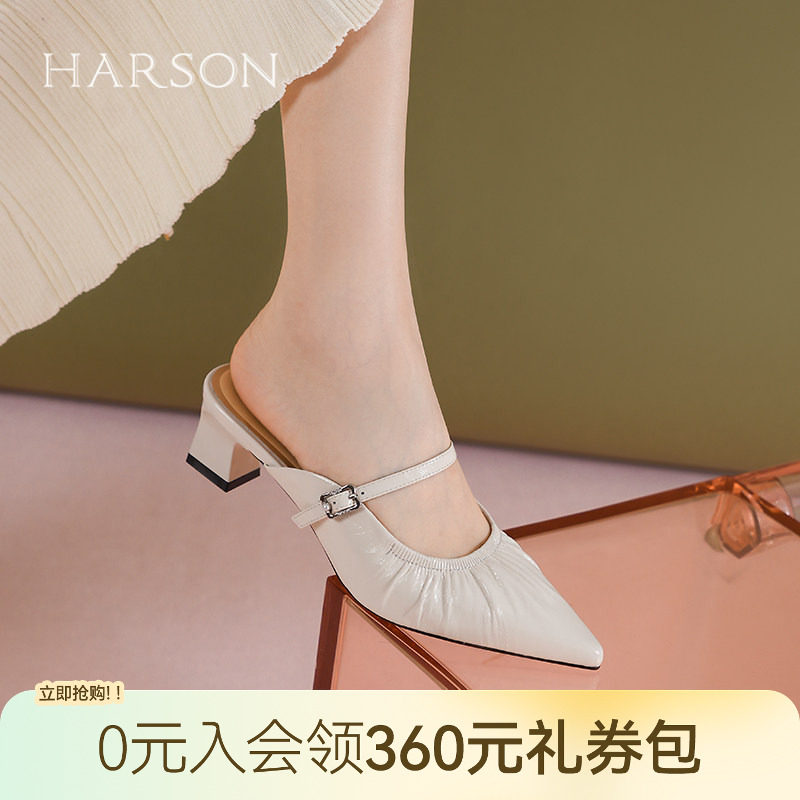 哈森复古粗跟包头拖鞋女夏季新款尖头高跟凉拖HM264107图片