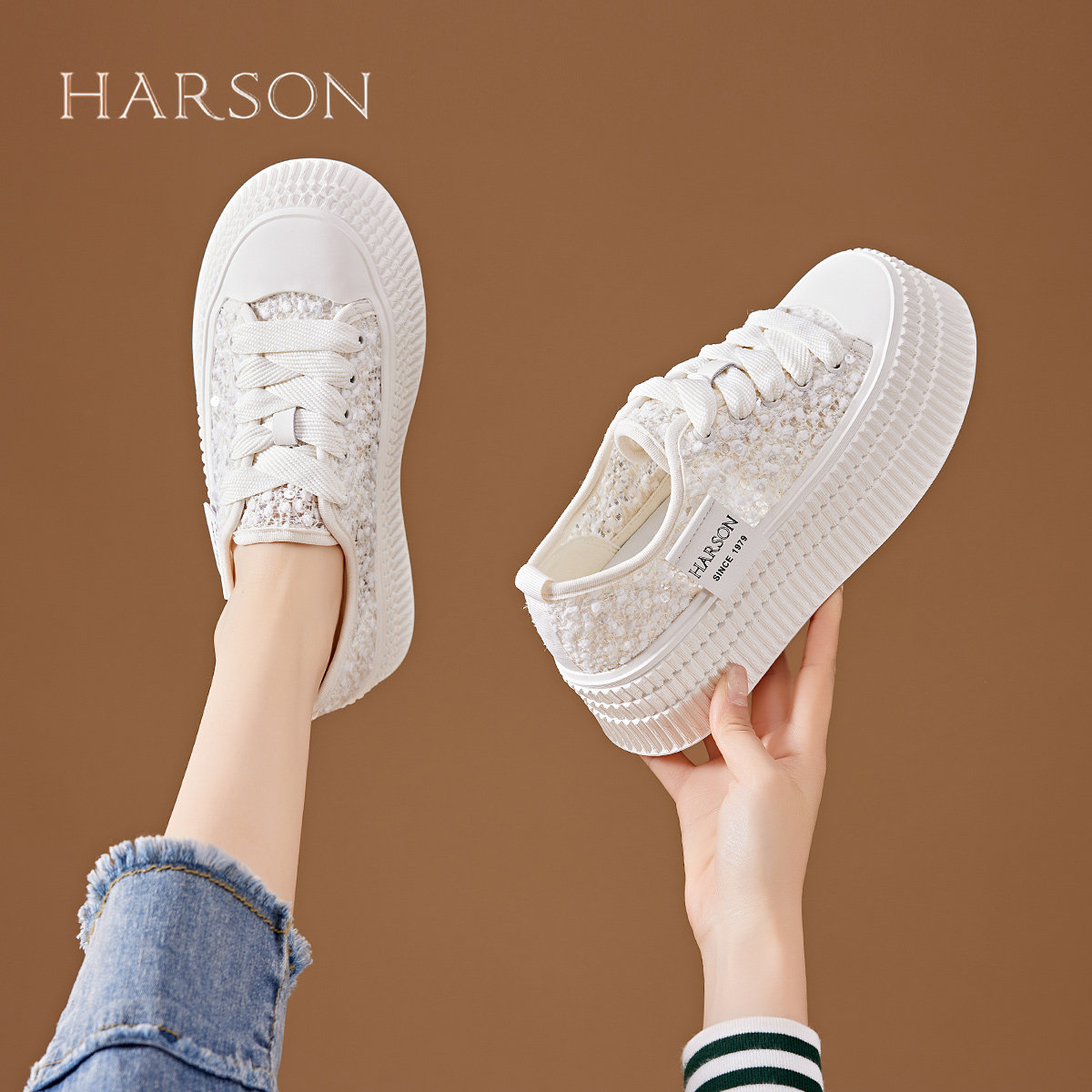 哈森女鞋2025新款爆款饼干鞋夏季透气休闲鞋子夏款百搭厚底小白鞋