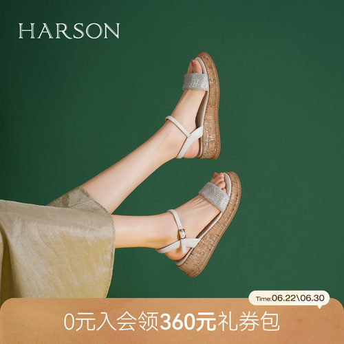 哈森厚底休闲凉鞋女夏季新款一字扣露趾罗马鞋HM257159