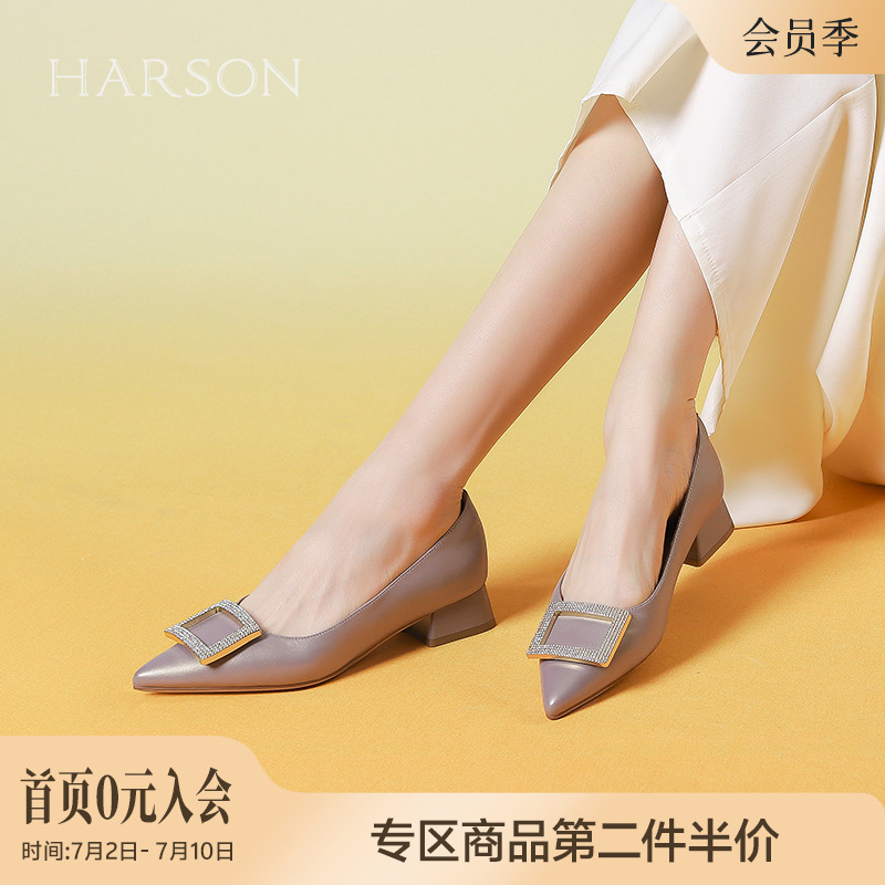 哈森高级感粗跟单鞋女春秋新款优雅尖头不累脚女鞋HWS240103